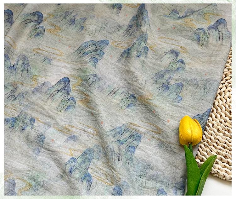 Misty Mountain Ink Wash Print Cotton Fabric By The Yard | Chinese Landscape Painting Blue Green | Hanfu Dress Qipao Cottagecore Sewing - Poppylollipop