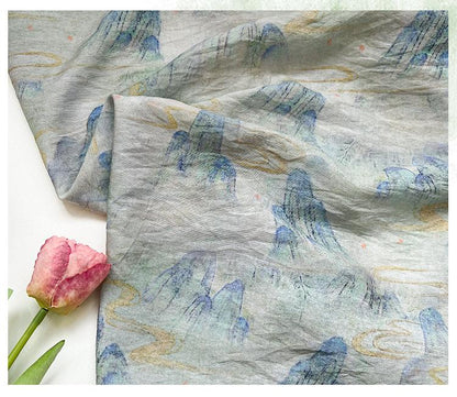 Misty Mountain Ink Wash Print Cotton Fabric By The Yard | Chinese Landscape Painting Blue Green | Hanfu Dress Qipao Cottagecore Sewing - Poppylollipop