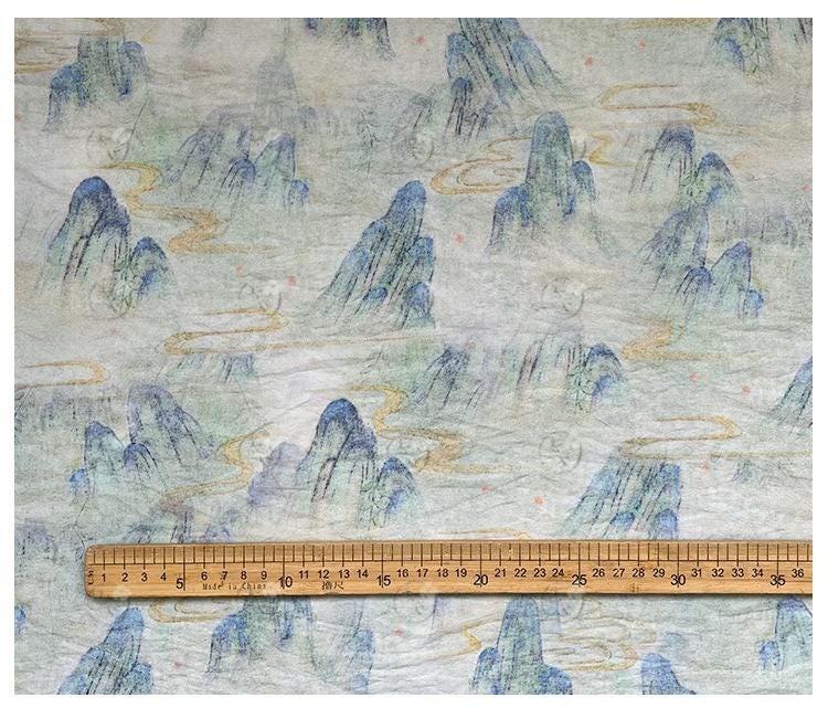 Misty Mountain Ink Wash Print Cotton Fabric By The Yard | Chinese Landscape Painting Blue Green | Hanfu Dress Qipao Cottagecore Sewing - Poppylollipop