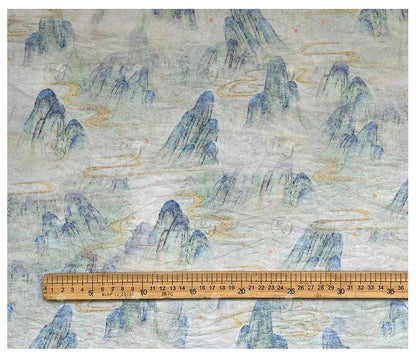 Misty Mountain Ink Wash Print Cotton Fabric By The Yard | Chinese Landscape Painting Blue Green | Hanfu Dress Qipao Cottagecore Sewing - Poppylollipop