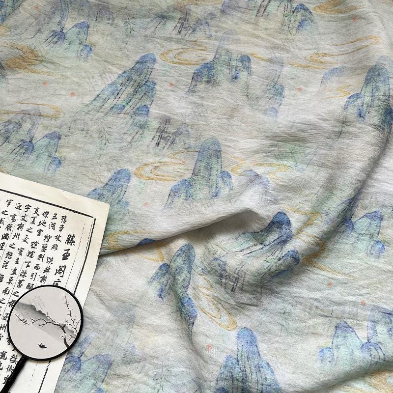 Misty Mountain Ink Wash Print Cotton Fabric By The Yard | Chinese Landscape Painting Blue Green | Hanfu Dress Qipao Cottagecore Sewing - Poppylollipop