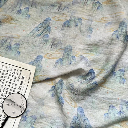 Misty Mountain Ink Wash Print Cotton Fabric By The Yard | Chinese Landscape Painting Blue Green | Hanfu Dress Qipao Cottagecore Sewing - Poppylollipop