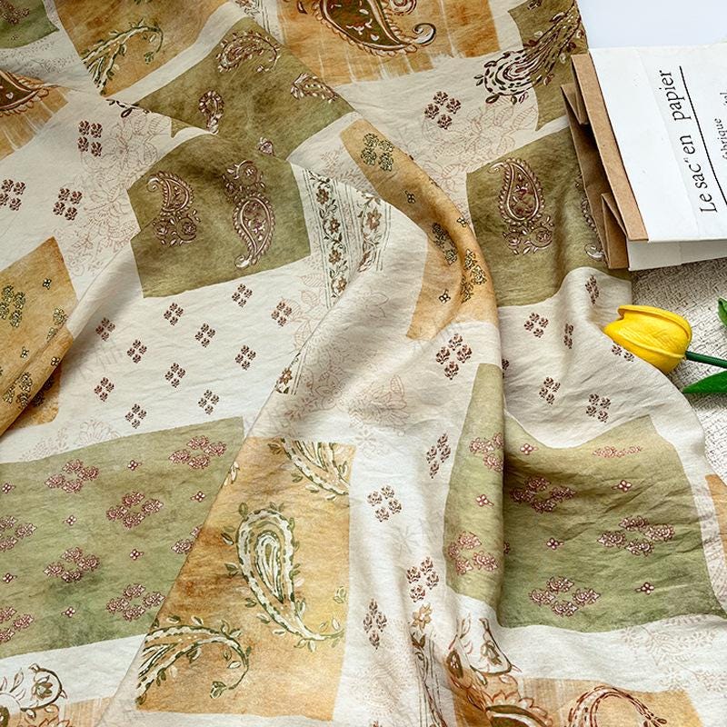 Vintage Paisley Patchwork Print Cotton Fabric By The Yard | Earthy Green Gold Boho Floral | Dress Blouse Quilting Cottagecore Sewing - Poppylollipop