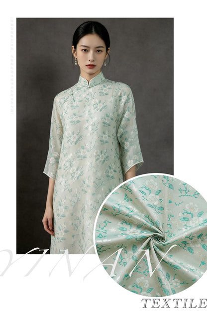 Mint Green Magnolia Butterfly Jacquard Fabric By The Yard | White Gold Floral Woven Brocade | Dress Qipao Curtain Home Décor Sewing - Poppylollipop
