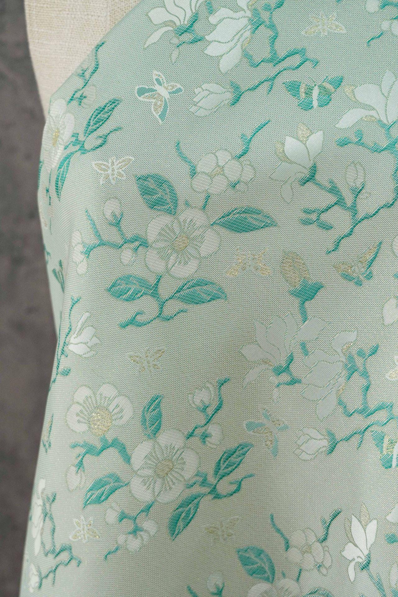 Mint Green Magnolia Butterfly Jacquard Fabric By The Yard | White Gold Floral Woven Brocade | Dress Qipao Curtain Home Décor Sewing - Poppylollipop