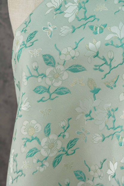 Mint Green Magnolia Butterfly Jacquard Fabric By The Yard | White Gold Floral Woven Brocade | Dress Qipao Curtain Home Décor Sewing - Poppylollipop