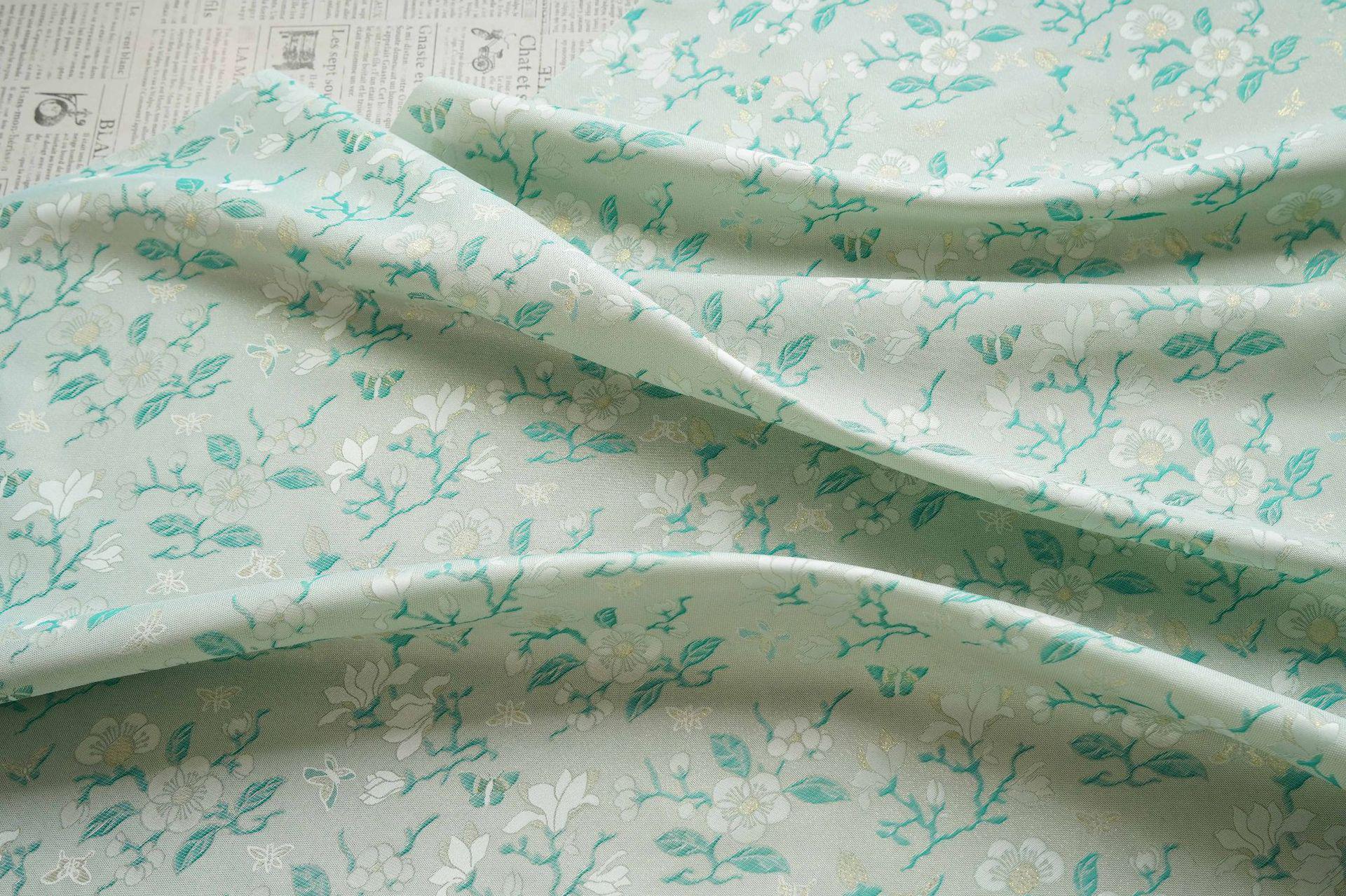 Mint Green Magnolia Butterfly Jacquard Fabric By The Yard | White Gold Floral Woven Brocade | Dress Qipao Curtain Home Décor Sewing - Poppylollipop