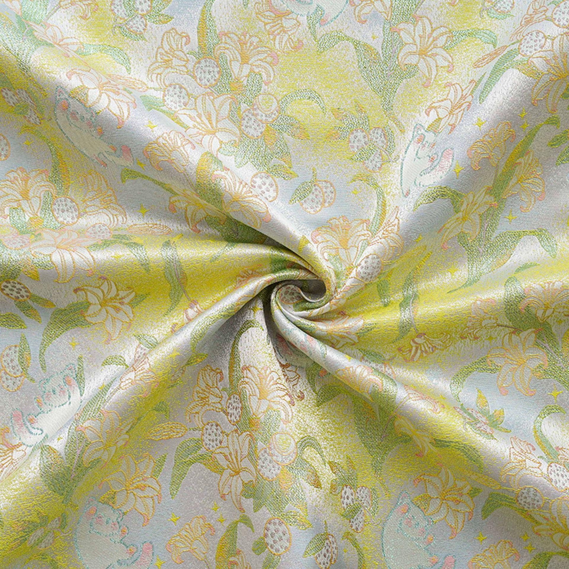 Song Brocade Silk Jacquard Fabric with Lily & Cat Gold Thread Design – Chinese Luxury Decorative Textile for Hanfu, Costume Craft Use - Poppylollipop