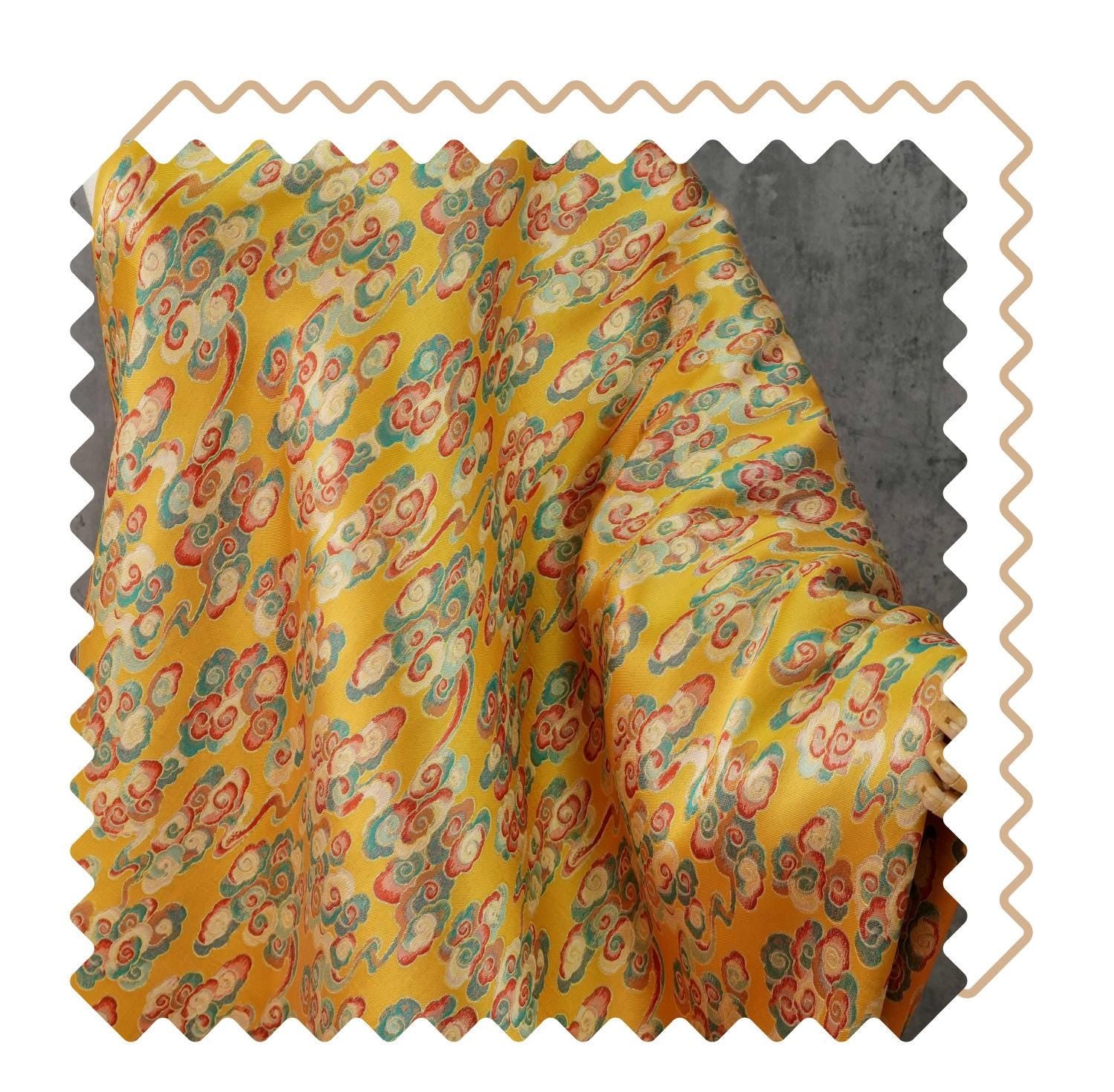 Gold Song Brocade Fabric by Yard, Colorful Cloud Pattern Silk Jacquard, Traditional Fabric for Kimono, Cheongsam, Sewing, DIY Craft Supply