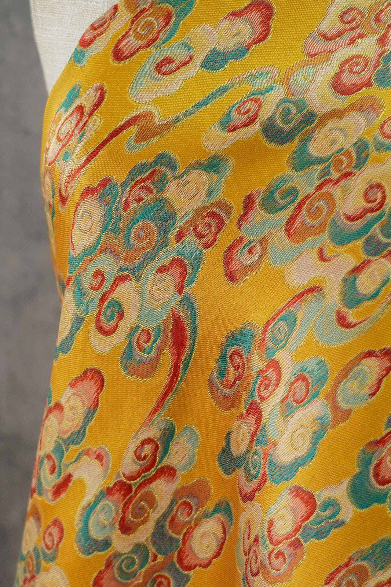 Gold Song Brocade Fabric by Yard, Colorful Cloud Pattern Silk Jacquard, Traditional Fabric for Kimono, Cheongsam, Sewing, DIY Craft Supply