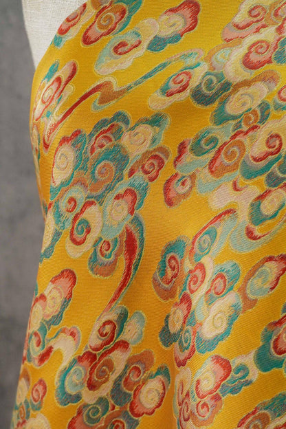 Gold Song Brocade Fabric by Yard, Colorful Cloud Pattern Silk Jacquard, Traditional Fabric for Kimono, Cheongsam, Sewing, DIY Craft Supply