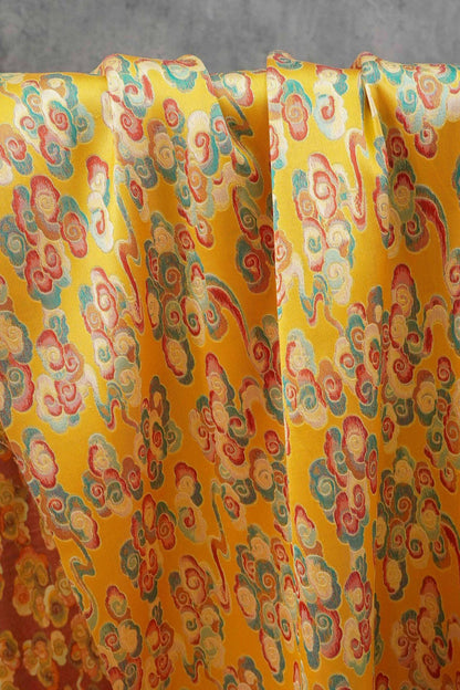 Gold Song Brocade Fabric by Yard, Colorful Cloud Pattern Silk Jacquard, Traditional Fabric for Kimono, Cheongsam, Sewing, DIY Craft Supply