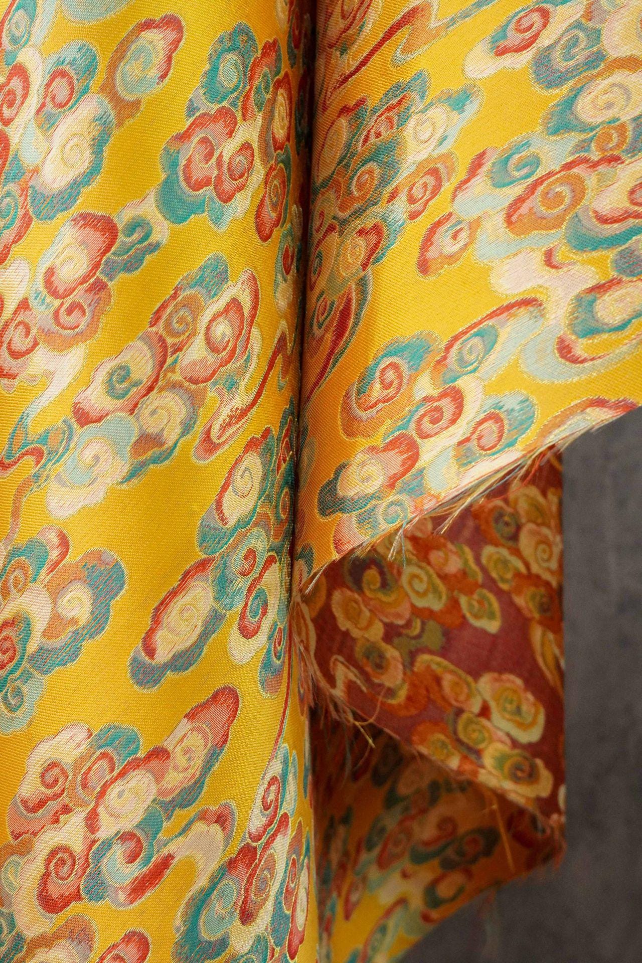 Gold Song Brocade Fabric by Yard, Colorful Cloud Pattern Silk Jacquard, Traditional Fabric for Kimono, Cheongsam, Sewing, DIY Craft Supply