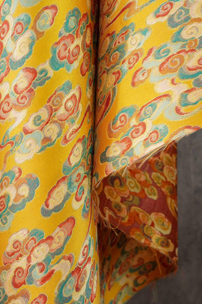 Gold Song Brocade Fabric by Yard, Colorful Cloud Pattern Silk Jacquard, Traditional Fabric for Kimono, Cheongsam, Sewing, DIY Craft Supply