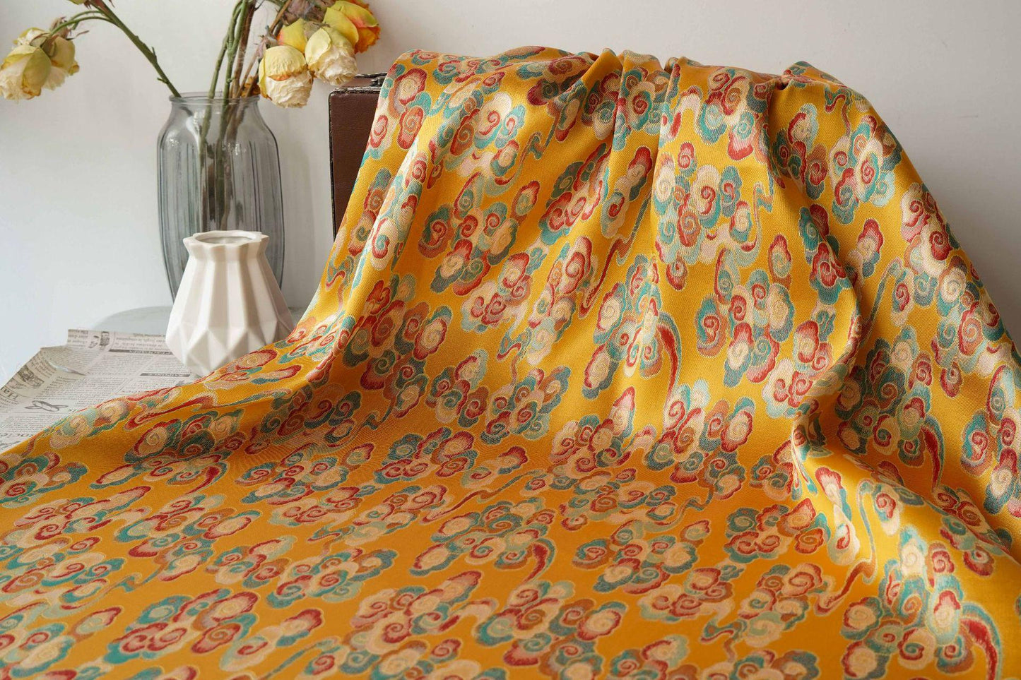 Gold Song Brocade Fabric by Yard, Colorful Cloud Pattern Silk Jacquard, Traditional Fabric for Kimono, Cheongsam, Sewing, DIY Craft Supply