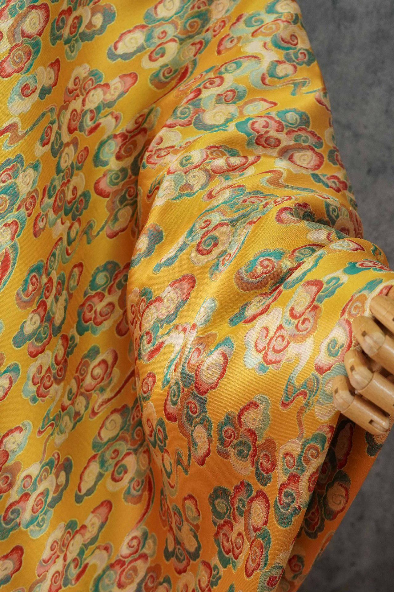 Gold Song Brocade Fabric by Yard, Colorful Cloud Pattern Silk Jacquard, Traditional Fabric for Kimono, Cheongsam, Sewing, DIY Craft Supply