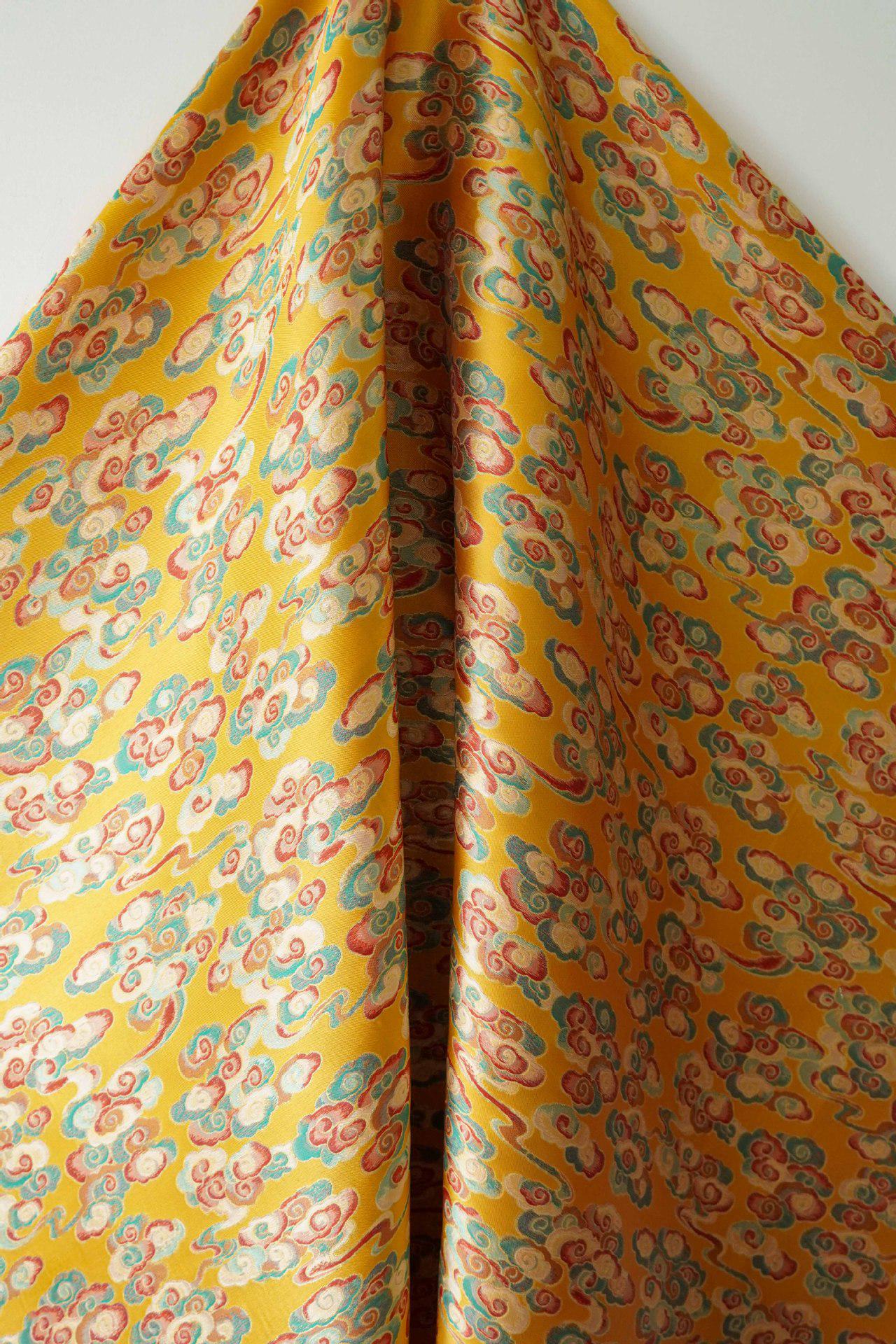 Gold Song Brocade Fabric by Yard, Colorful Cloud Pattern Silk Jacquard, Traditional Fabric for Kimono, Cheongsam, Sewing, DIY Craft Supply