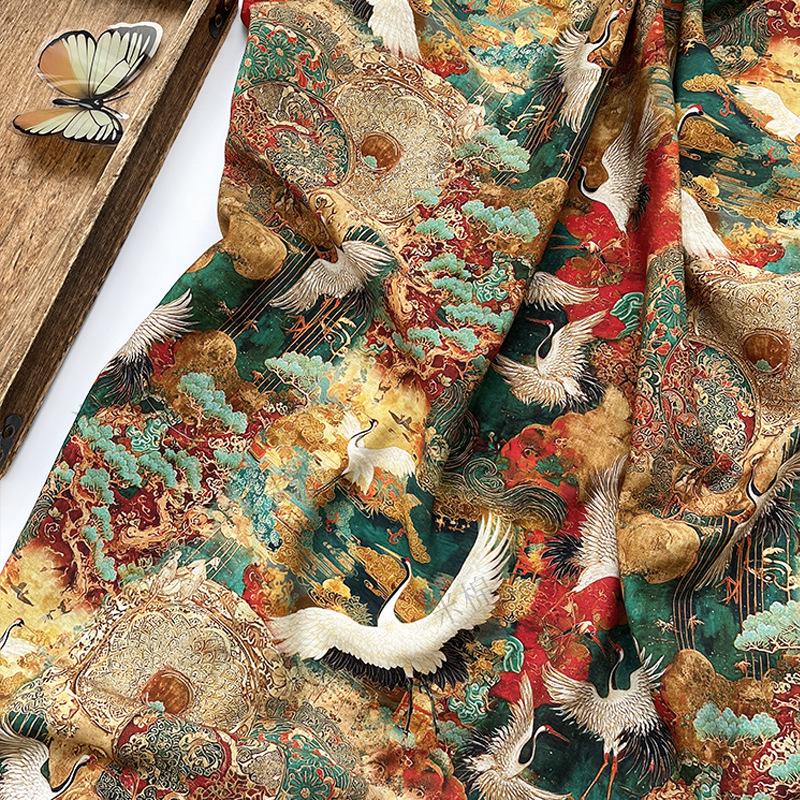 Japanese Style Crane Cotton Fabric, Mountain Print, Soft Cotton Material for Sewing, Mask, Kimono, Crafting, Home Decor, Nursery Textile