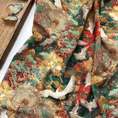Japanese Style Crane Cotton Fabric, Mountain Print, Soft Cotton Material for Sewing, Mask, Kimono, Crafting, Home Decor, Nursery Textile - Poppylollipop