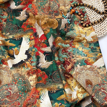 Japanese Style Crane Cotton Fabric, Mountain Print, Soft Cotton Material for Sewing, Mask, Kimono, Crafting, Home Decor, Nursery Textile