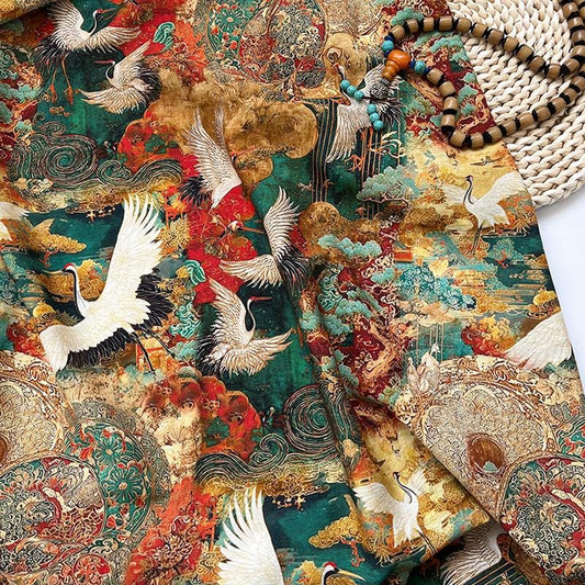 Japanese Style Crane Cotton Fabric, Mountain Print, Soft Cotton Material for Sewing, Mask, Kimono, Crafting, Home Decor, Nursery Textile - Poppylollipop