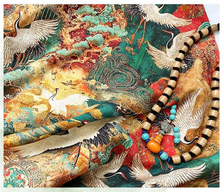 Japanese Style Crane Cotton Fabric, Mountain Print, Soft Cotton Material for Sewing, Mask, Kimono, Crafting, Home Decor, Nursery Textile
