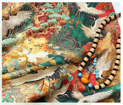Japanese Style Crane Cotton Fabric, Mountain Print, Soft Cotton Material for Sewing, Mask, Kimono, Crafting, Home Decor, Nursery Textile