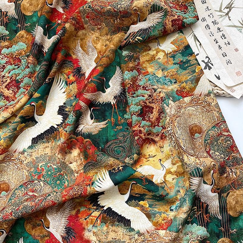 Japanese Style Crane Cotton Fabric, Mountain Print, Soft Cotton Material for Sewing, Mask, Kimono, Crafting, Home Decor, Nursery Textile
