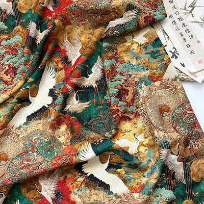 Japanese Style Crane Cotton Fabric, Mountain Print, Soft Cotton Material for Sewing, Mask, Kimono, Crafting, Home Decor, Nursery Textile - Poppylollipop
