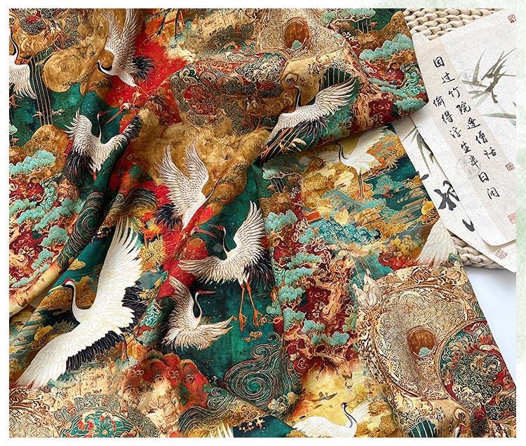 Japanese Style Crane Cotton Fabric, Mountain Print, Soft Cotton Material for Sewing, Mask, Kimono, Crafting, Home Decor, Nursery Textile