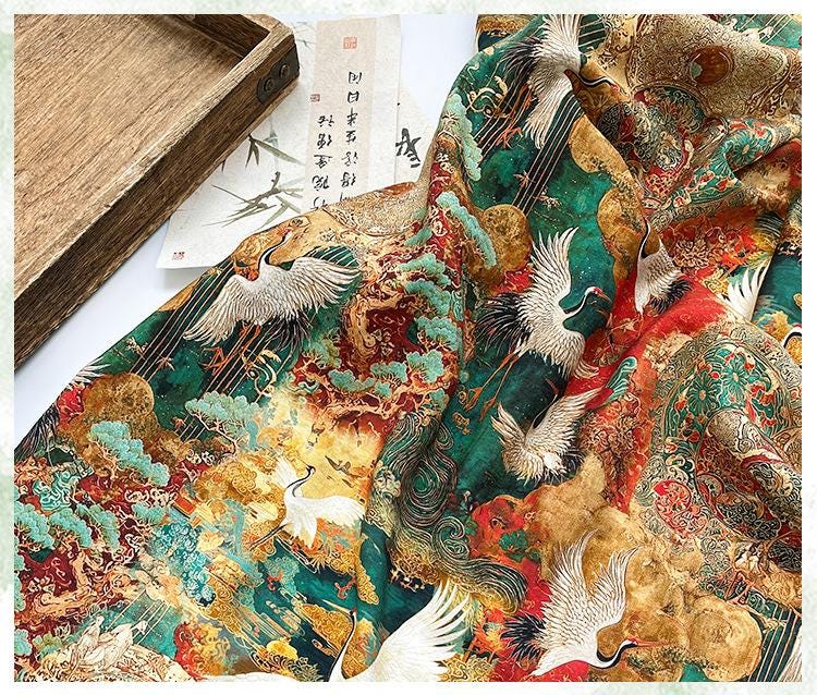 Japanese Style Crane Cotton Fabric, Mountain Print, Soft Cotton Material for Sewing, Mask, Kimono, Crafting, Home Decor, Nursery Textile