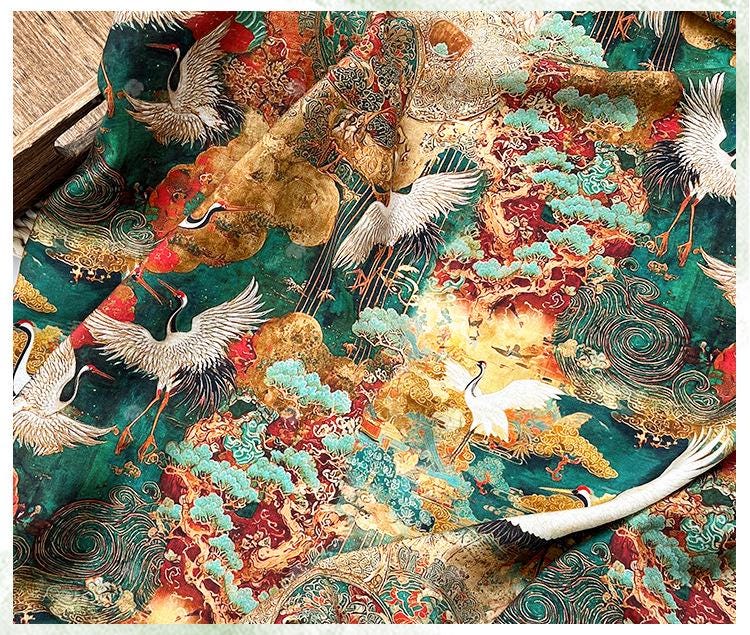 Japanese Style Crane Cotton Fabric, Mountain Print, Soft Cotton Material for Sewing, Mask, Kimono, Crafting, Home Decor, Nursery Textile