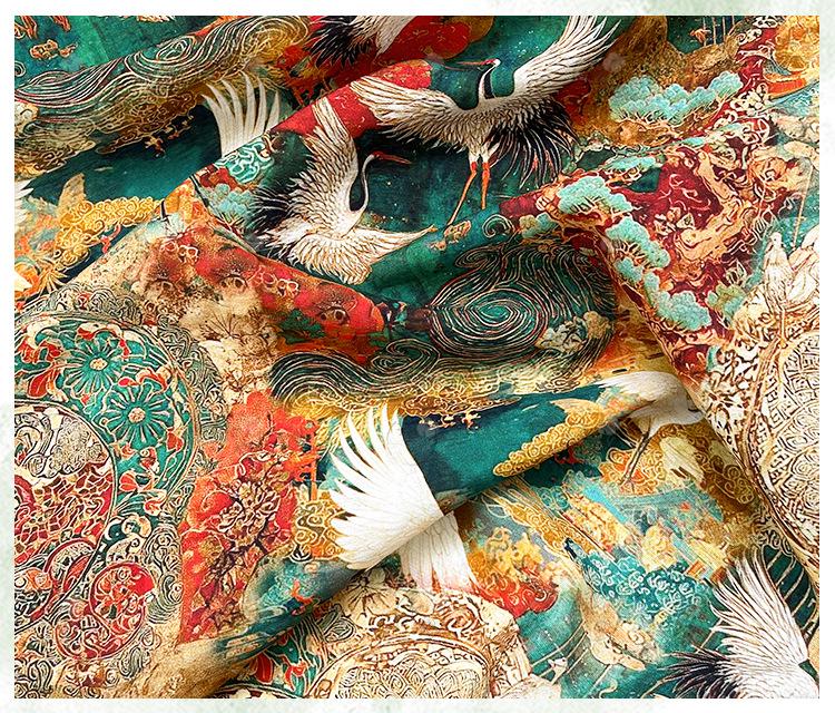 Japanese Style Crane Cotton Fabric, Mountain Print, Soft Cotton Material for Sewing, Mask, Kimono, Crafting, Home Decor, Nursery Textile