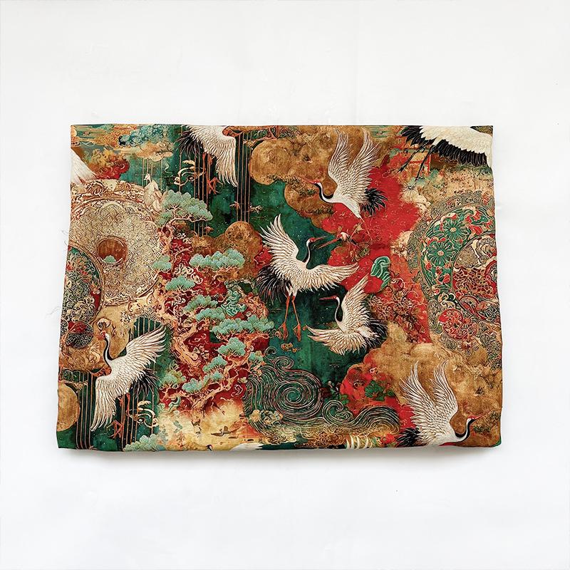 Japanese Style Crane Cotton Fabric, Mountain Print, Soft Cotton Material for Sewing, Mask, Kimono, Crafting, Home Decor, Nursery Textile