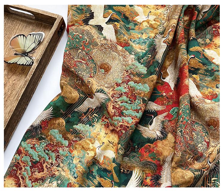 Japanese Style Crane Cotton Fabric, Mountain Print, Soft Cotton Material for Sewing, Mask, Kimono, Crafting, Home Decor, Nursery Textile