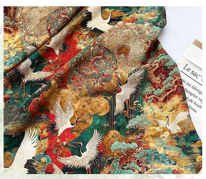Japanese Style Crane Cotton Fabric, Mountain Print, Soft Cotton Material for Sewing, Mask, Kimono, Crafting, Home Decor, Nursery Textile