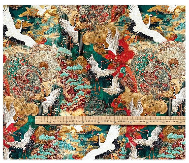 Japanese Style Crane Cotton Fabric, Mountain Print, Soft Cotton Material for Sewing, Mask, Kimono, Crafting, Home Decor, Nursery Textile