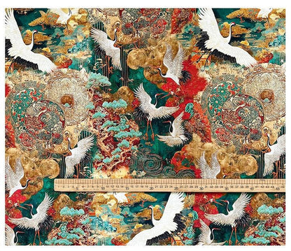 Japanese Style Crane Cotton Fabric, Mountain Print, Soft Cotton Material for Sewing, Mask, Kimono, Crafting, Home Decor, Nursery Textile