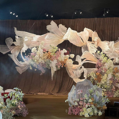 White Organza Wave Wedding Backdrop, Giant 3D Ribbon, Floating Ruffle Mesh Decor for Window Display, Bridal Shower, Party Stage Layout - Poppylollipop