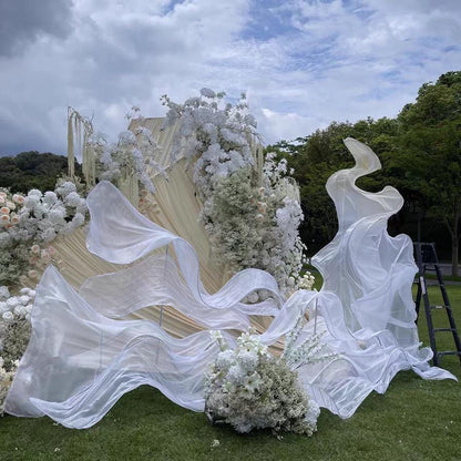 White Organza Wave Wedding Backdrop, Giant 3D Ribbon, Floating Ruffle Mesh Decor for Window Display, Bridal Shower, Party Stage Layout