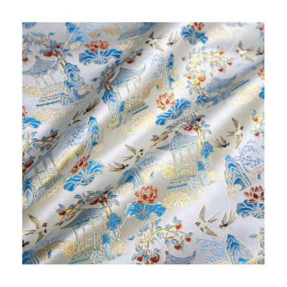 Chinese Pavilion Brocade Fabric | Vintage Landscape Jacquard | Ancient Architecture Pattern | Hanfu Decor Costume, 59"Wide