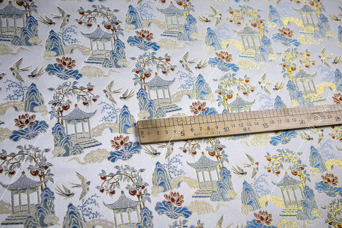 Chinese Pavilion Brocade Fabric | Vintage Landscape Jacquard | Ancient Architecture Pattern | Hanfu Decor Costume, 59"Wide