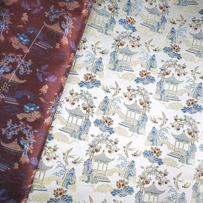 Chinese Pavilion Brocade Fabric | Vintage Landscape Jacquard | Ancient Architecture Pattern | Hanfu Decor Costume, 59"Wide
