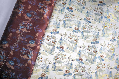 Chinese Pavilion Brocade Fabric | Vintage Landscape Jacquard | Ancient Architecture Pattern | Hanfu Decor Costume, 59"Wide