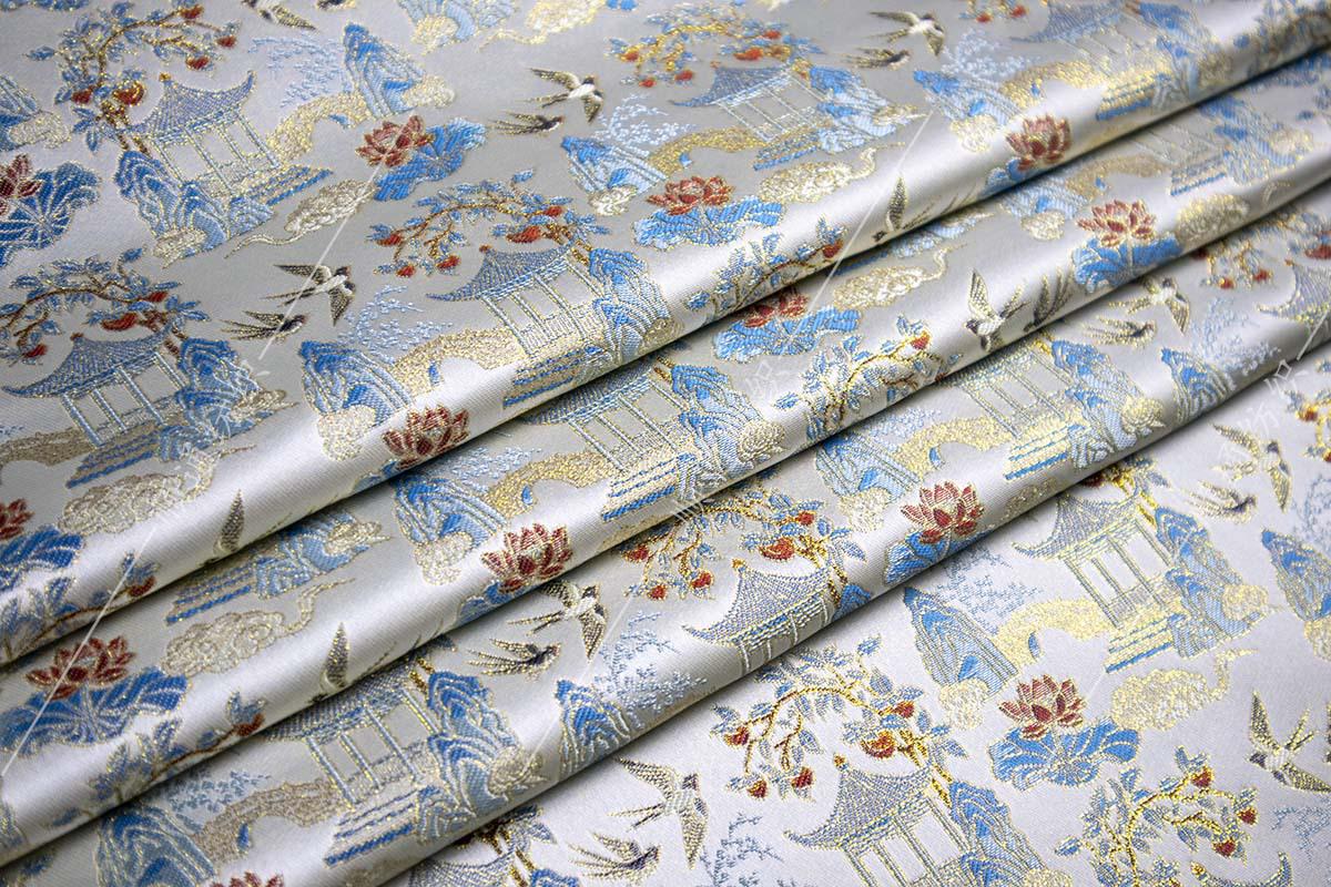 Chinese Pavilion Brocade Fabric | Vintage Landscape Jacquard | Ancient Architecture Pattern | Hanfu Decor Costume, 59"Wide