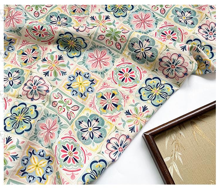 New Chinese Style Digital Print Fabric | Geometric Floral | Crystal Clear Pattern | Hanfu Qipao Dress Decor (59 inch) - Poppylollipop