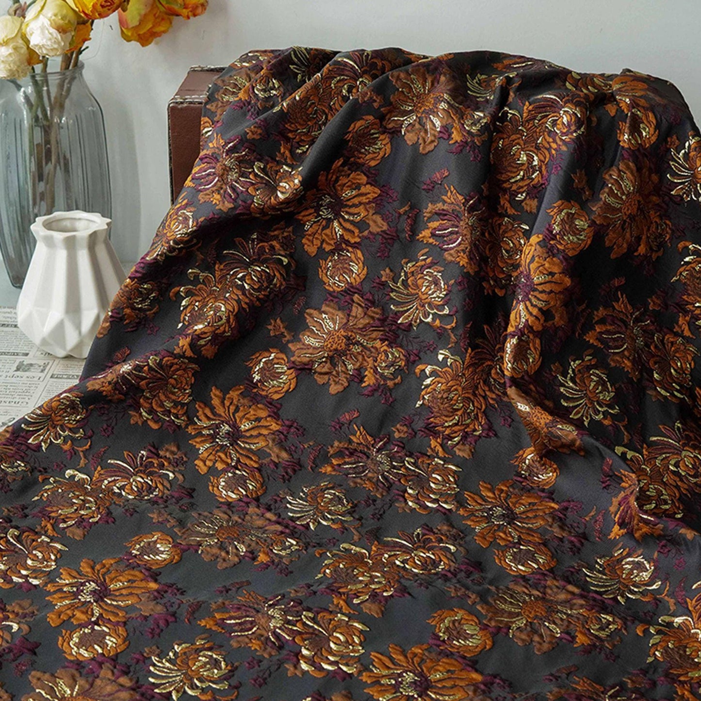 3D Embossed Chrysanthemum Gold Thread Jacquard Fabric – Chinese Brocade Textile (62" Wide) - Poppylollipop