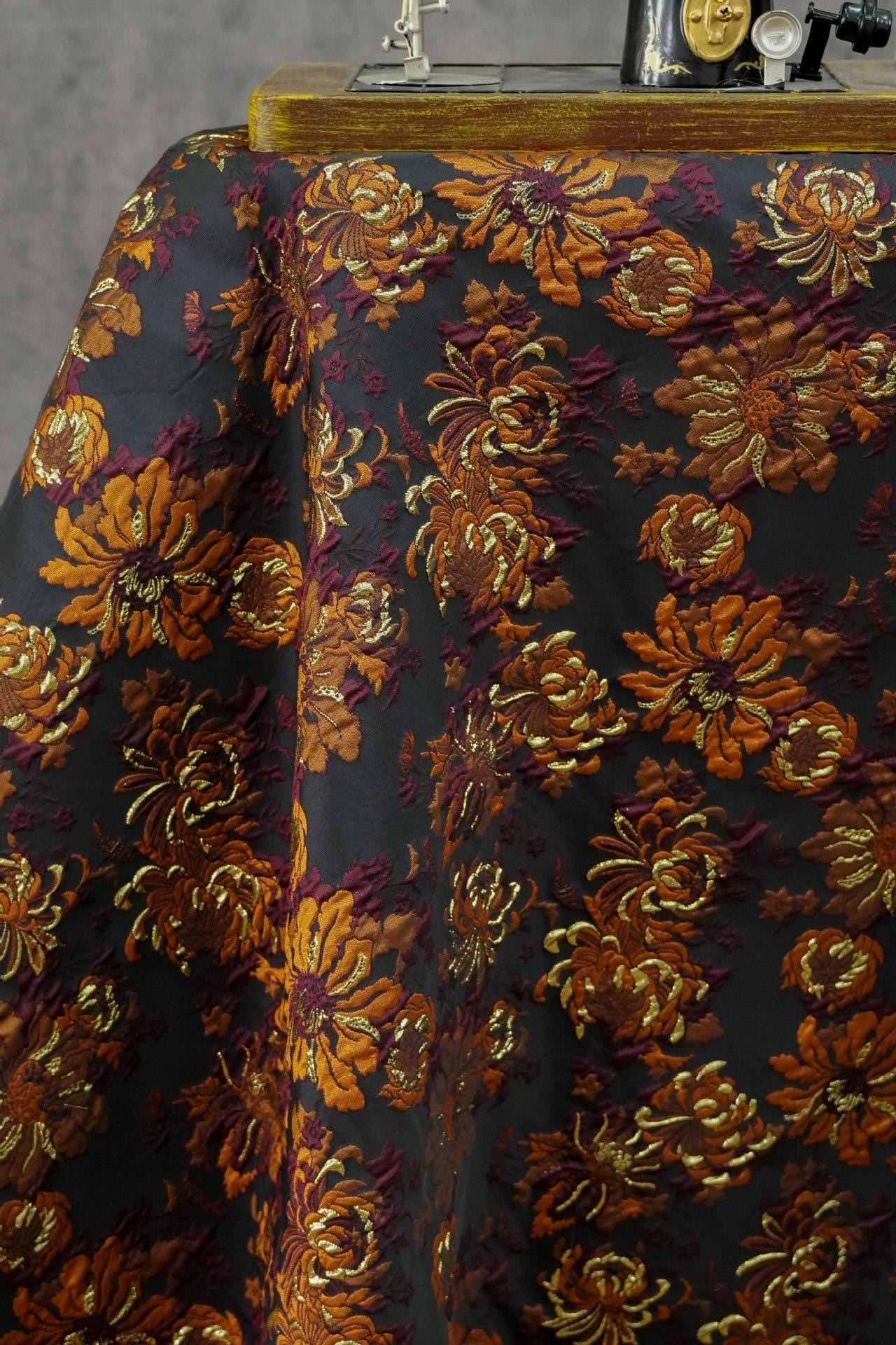 3D Embossed Chrysanthemum Gold Thread Jacquard Fabric – Chinese Brocade Textile (62" Wide) - Poppylollipop