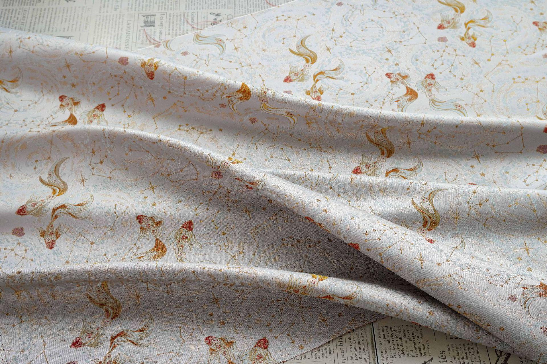 Song Brocade Pisces Gold Thread Jacquard Fabric – Chinese Zodiac Luxury Woven Textile for Hanfu, Costumes & Decorative Use, 59"Wide