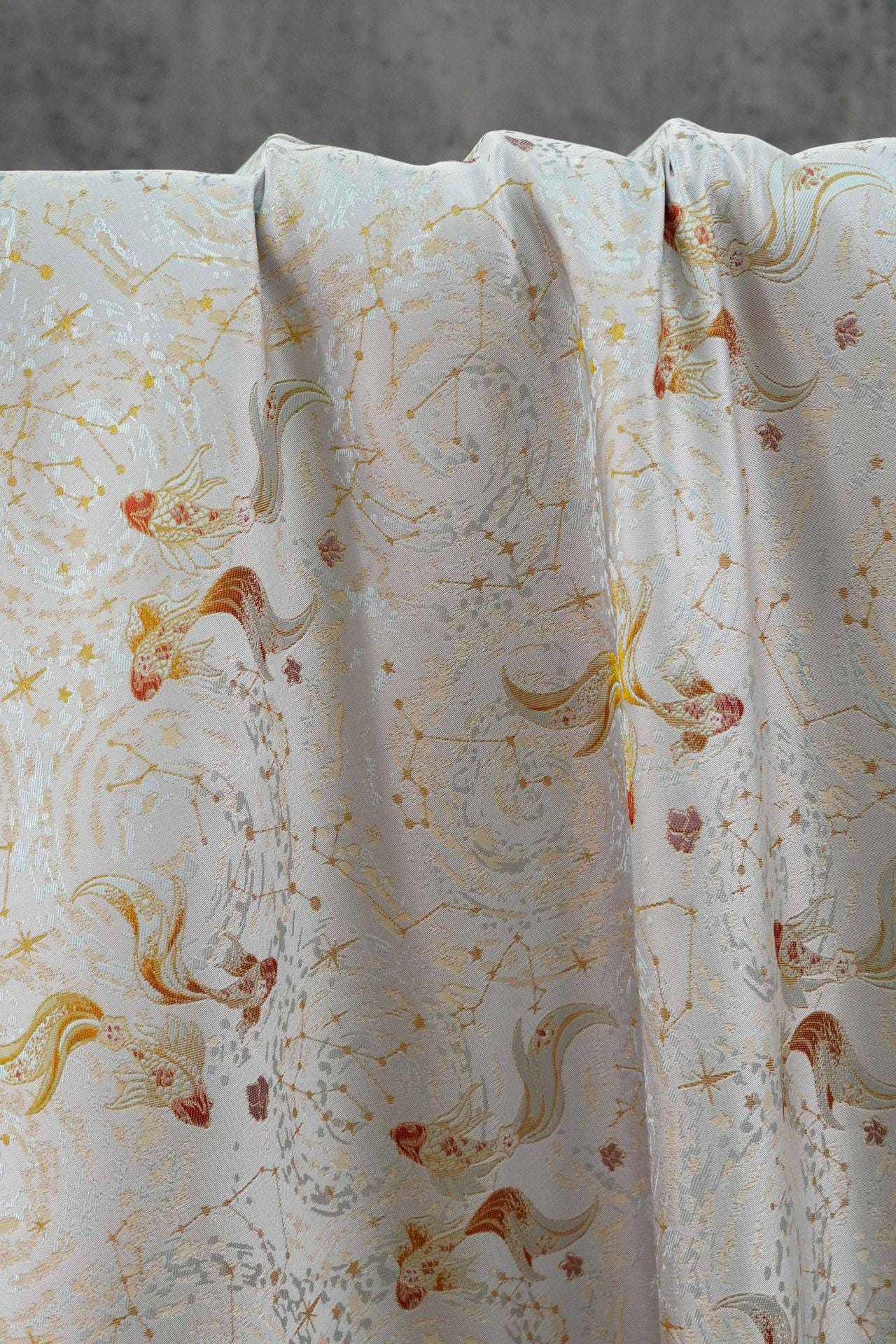 Song Brocade Pisces Gold Thread Jacquard Fabric – Chinese Zodiac Luxury Woven Textile for Hanfu, Costumes & Decorative Use, 59"Wide